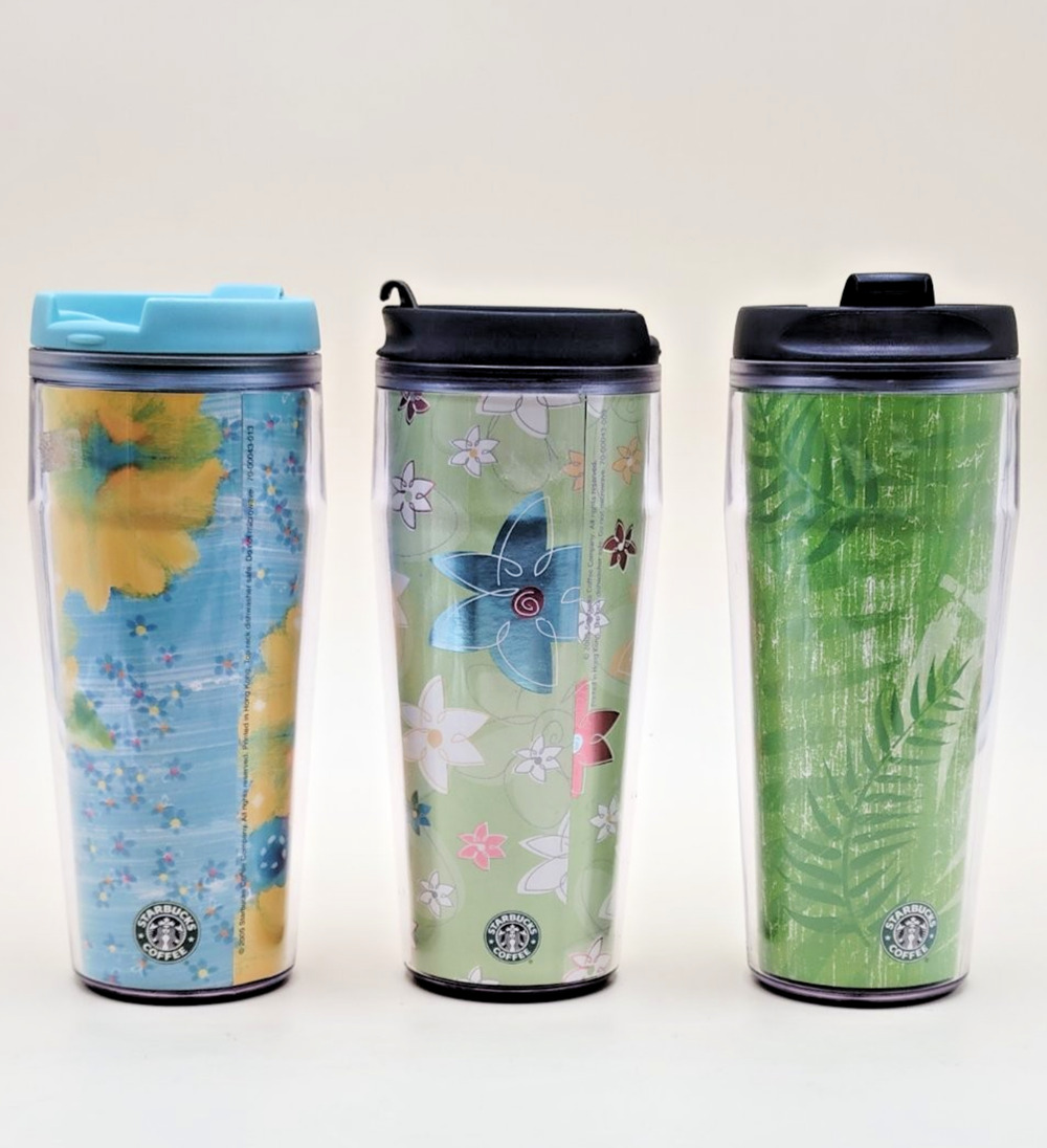 Vtg Set 3 Starbucks 16oz Travel Tumbler Green with Spring Floral Pattern Flowers